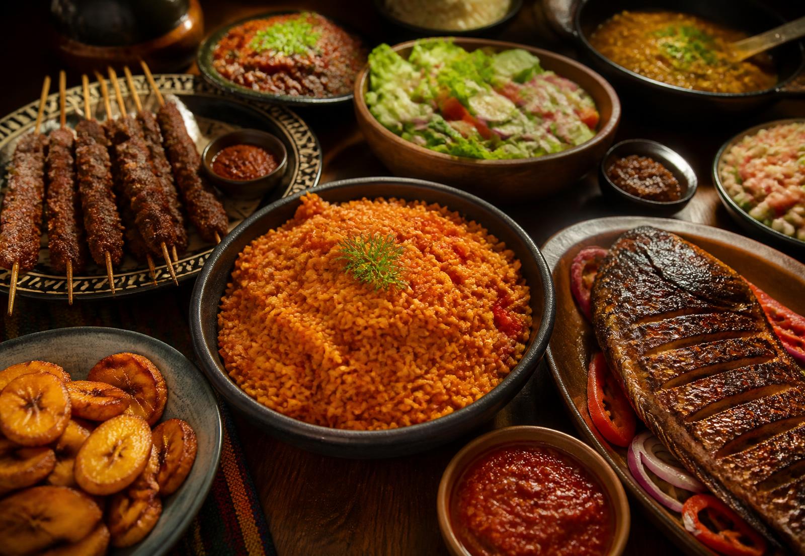 A generous buffet spread of jollof rice, suya, grilled fish and plantain